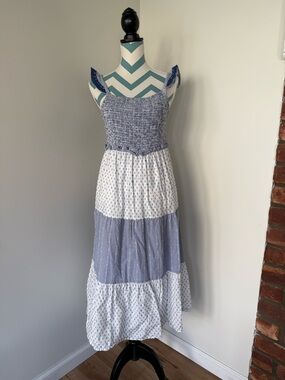 Women's Blue and White Tiered Sundress